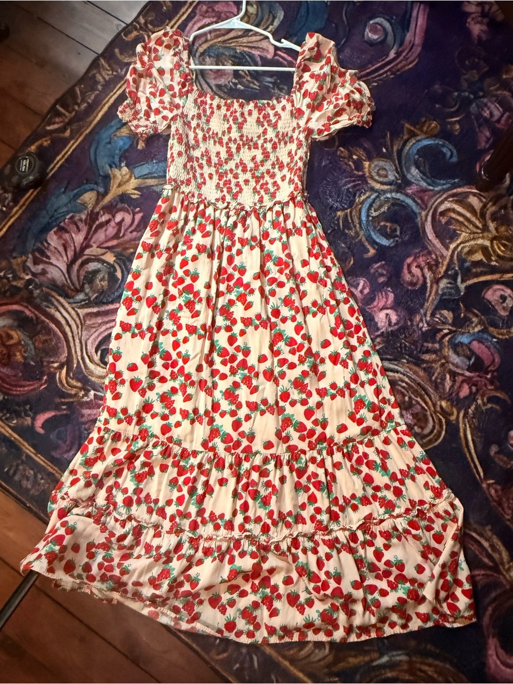 Betsey Johnson Strawberry-Print Smocked Maxi Dress - Cream/Red